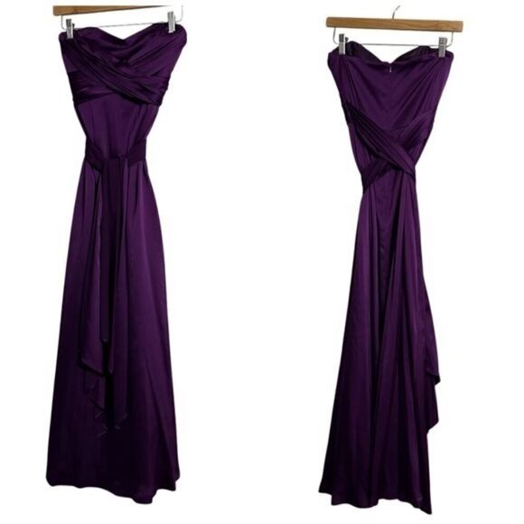 David Meister Purple Satin Strapless Cocktail Midi Dresss Size 4 - Picture 13 of 13